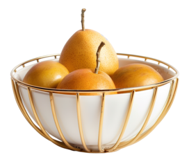 A wire fruit bowl holds several pears, showcasing a blend of metal and ceramic elements. The bowl is isolated on a clear background to highlight its design