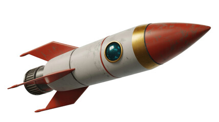 A weathered 3D render of a retro-style rocket with a red nose, golden band, porthole, white body, and red fins. background removed