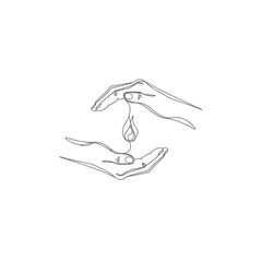 Hands cupping water drop minimal continuous line symbol vector illustration