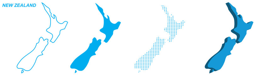 New Zealand Map Vector Set, Oceania Outline Silhouette Dotted 3D Solid Shapes, New Zealand Country Infographic Template, Editable EPS New Zealand Geography