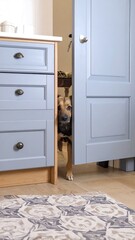 A curious canine peeks out from behind a light blue kitchen cabinet door, exploring the domestic space. The floor has a rug with floral patterns