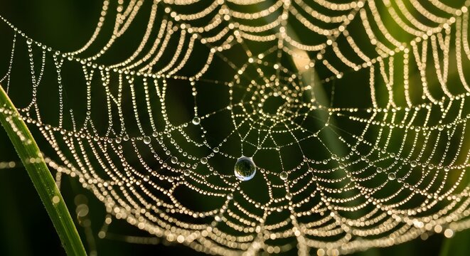 Golden spider web covered in glistening morning dew drops macro photography