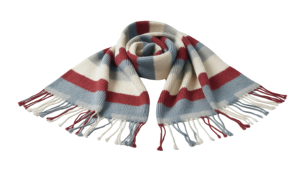 A cozy striped knitted scarf featuring cream, light blue, and reddish-brown bands, neatly folded with decorative fringe ends. Perfect winter accessory. background removed