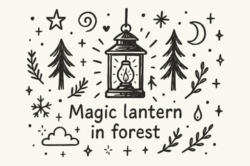 Naklejka premium Magic Lantern Forest. Magic lantern in forest. Hand-drawn doodle illustration of Magic lantern in forest. In