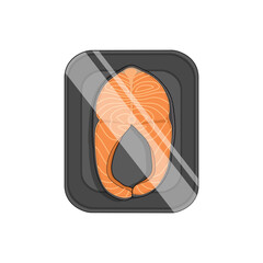 Vector illustration of packaged salmon meat in a styrofoam tray. 