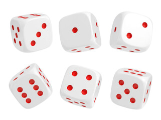 White dice set with red dots on transparent background