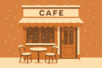 Snowy Caf&eacute; Corner. Snow-dusted caf&eacute; corner minimalist flat illustration of a caf&eacute; storefront and outdoor