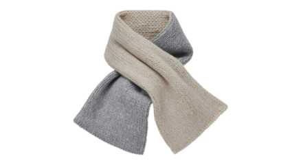 A cozy, two-tone knitted scarf, featuring light beige and grey sections, folded neatly. Perfect for winter warmth and stylish layering. background removed