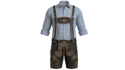 A complete traditional Bavarian lederhosen outfit, featuring dark brown embroidered leather shorts with suspenders and a blue and white checkered shirt. background removed