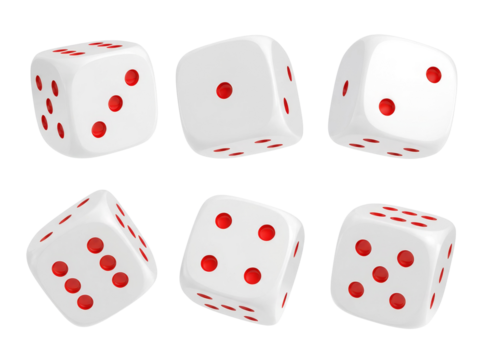 White dice set with red dots on transparent background