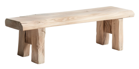 An oak bench with a slim profile. The bench is cut out and displayed on a transparent background. The design highlights the natural wood texture and shape