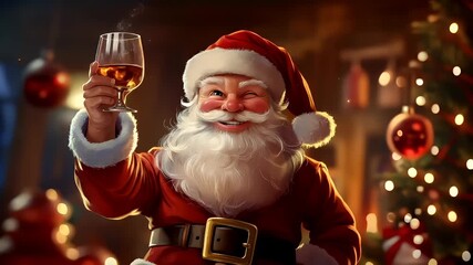 Winter holiday celebration concept. Christmas New Year. Santa Claus holding a glass of ambercolored wine against a festive backdrop of a Christmas tree adorned with ornaments and lights. - Powered by Adobe