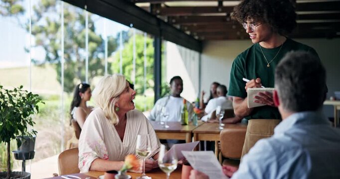 Happy couple, waiter and writing order with menu in restaurant for fine dining or romantic date. Man, woman or host with customer or checklist for catering service, food or hospitality in wine diner