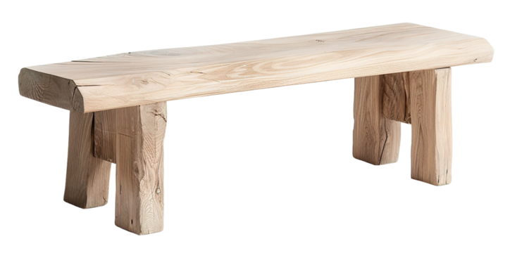 An oak bench with a slim profile. The bench is cut out and displayed on a transparent background. The design highlights the natural wood texture and shape