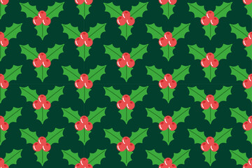 Seamless festive pattern with holly leaves and red berries on deep green background. classic Christmas look. For holiday wrapping paper, seasonal textiles, greeting cards, and winter themed designs