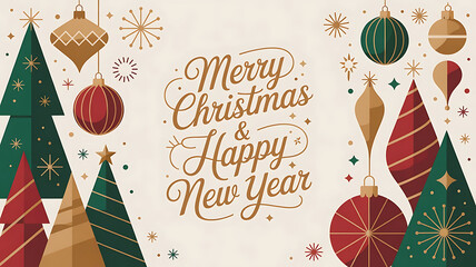 Merry christmas and happy new year card with christmas trees and ornament decorations