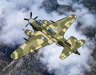Obraz premium Vintage military aircraft soaring through the clouds above rugged mountains. Represents courage, history, and adventure. Ideal for posters, websites, and educational materials.