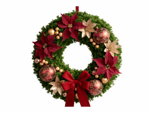 Festive christmas wreath with red bow and ornaments isolated on transparent background