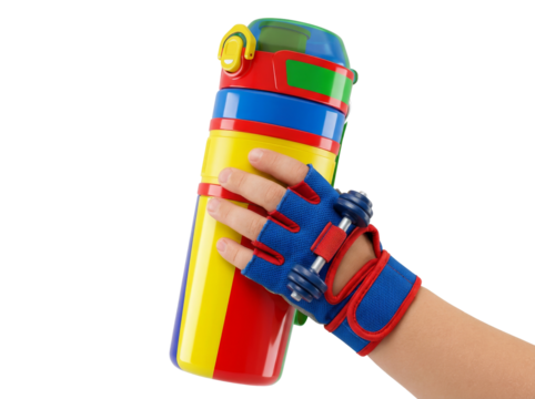 Multicolor sport bottle held in blue fitness glove on transparent background