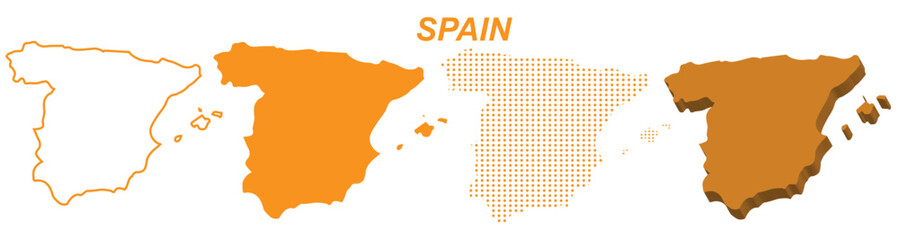 Spain Map Vector Set, European Outline Silhouette Dotted 3D Solid Shapes, Spain Country Infographic Template, Editable EPS Spain Geography