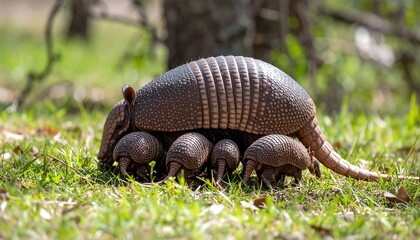 A curious, four-legged mammal with armored plates and a pointed tail, grazing in green grass. The animal is a pale brown color