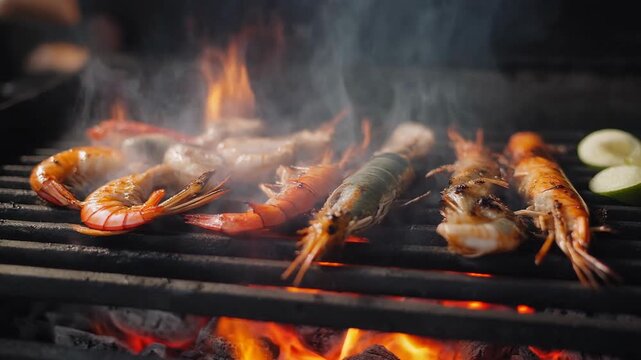 Grilling Seafood on a Hot Grill with Flames.