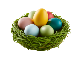 Colorful easter eggs nestled in green grass isolated on transparent background