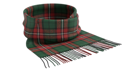 A cozy red and green tartan plaid scarf, partially rolled, featuring white and black accents and classic fringes, ideal for winter. background removed