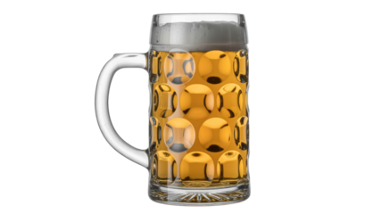Classic glass dimpled beer mug (stein) filled with golden lager beer and a frothy white head, ready for a toast. background removed