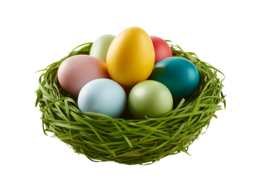 Colorful easter eggs nestled in green grass isolated on transparent background