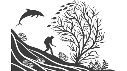 Fototapeta premium Underwater adventure with dolphin and coral reef illustration
