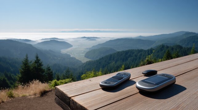 Solar-powered GPS trackers rest on a wooden table with a mountain view.