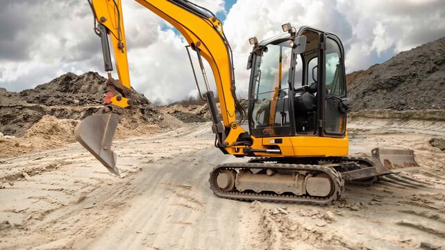 An excavator digs in dirt at a construction site. Heavy machinery is in use as the operator maneuvers the equipment across the ground to move earth.