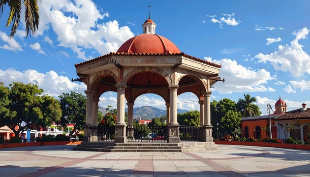 Historic Kiosk in a Mexican Town Square on a Sunny Day.