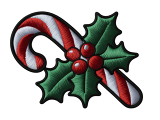 Christmas candy cane with holly and berries isolated on transparent background
