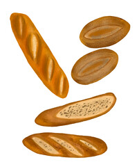 Oil pastel bread set with sourdough and baguettes with transparent background