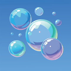 Colorful floating soap bubbles on a smooth blue gradient background.