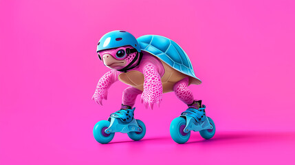 A determined turtle rides a 
roller skates with perseverance and willpower, pushing forward on its adventure.	