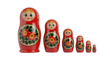 A beautiful set of five traditional red Russian Matryoshka nesting dolls, diminishing in size, featuring intricate floral patterns and classic painted faces. background removed
