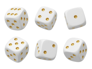 White dice set with gold dots on transparent background