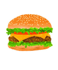 Oil pastel burger illustration with transparent background