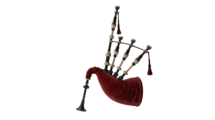 A vibrant red and black set of traditional Scottish bagpipes, featuring ornate drones and a chanter, displayed prominently. background removed