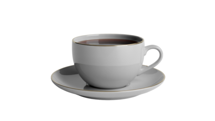 Stylish two-tone grey ceramic cup with gold rim, filled with dark liquid, on matching saucer. Elegant for coffee or tea. background removed