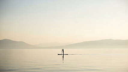 Lone figure stands on a paddleboard gracefully gliding across a calm serene lake with distant misty mountains under a soft hazy sky