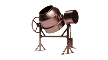 A detailed 3D rendering of a modern, metallic copper concrete mixer with a tilting drum and wheel mechanism. background removed