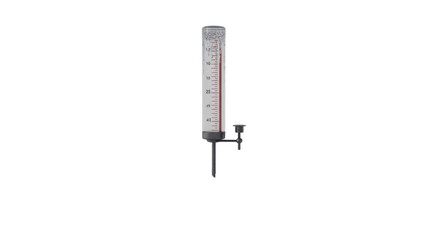 A transparent cylindrical rain gauge with a red internal scale and ground spike, showing measurement markings for precipitation. background removed