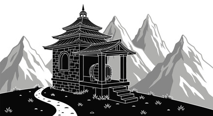 Japanese pagoda illustration with mountains black and white design