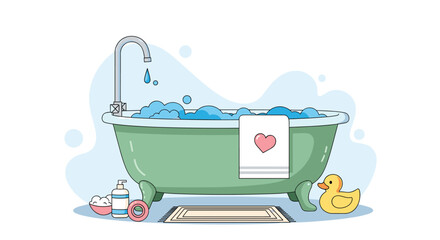 Cozy bathroom scene illustration with a vintage clawfoot bathtub full of bubbles a rubber duck and bath time accessories.