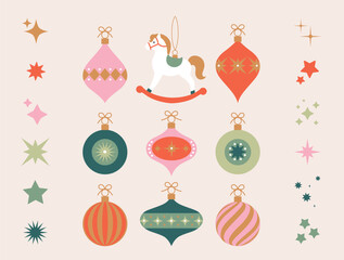 Christmas ornaments. Trendy minimalist geometric style. Merry Christmas. Cartoon, flat vector illustration. Xmas background. Patterns: stripes, stars, sparkles. Christmas tree decor. Winter, december