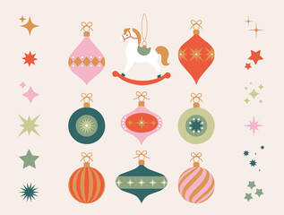 Christmas ornaments. Trendy minimalist geometric style. Merry Christmas. Cartoon, flat vector illustration. Xmas background. Patterns: stripes, stars, sparkles. Christmas tree decor. Winter, december